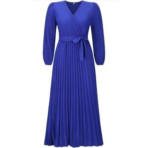 NEW Wrap V Neck Lantern Sleeve Pleated Flowy Maxi Dress L NO BELT